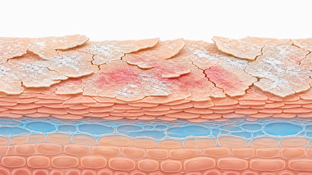 Educational skin-barrier illustration showing dry flakes, fine cracking, and mild irritation from acne-treatment dryness, with no text labels