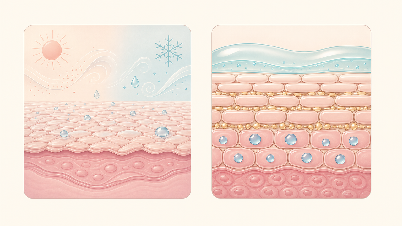 Educational illustration showing a chapped-lip barrier diagram with moisture droplets, weather cues, and bland ointment support.