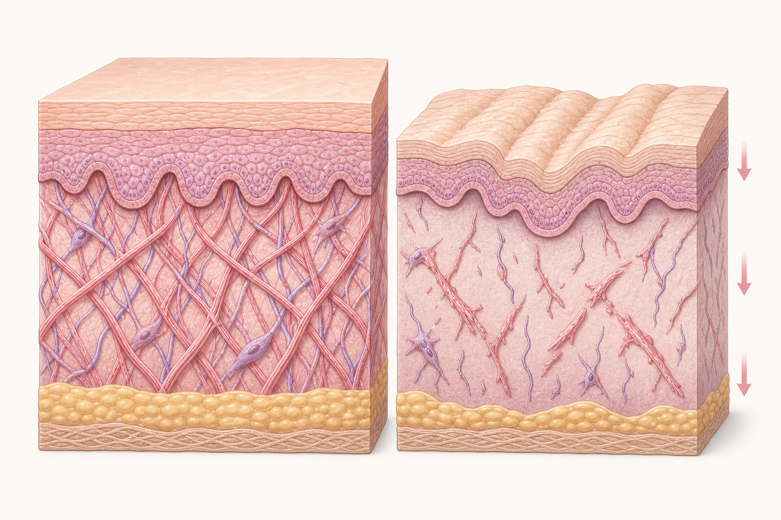 A flat cosmetic science illustration showing crepey-looking body-skin texture motifs, hydration droplets, and barrier-support layers.