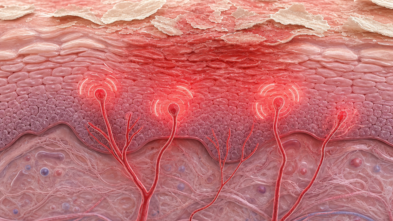 Abstract scientific skincare illustration for Itchy Sensitive Skin, without text, logos, people, packaging, or before-after framing.