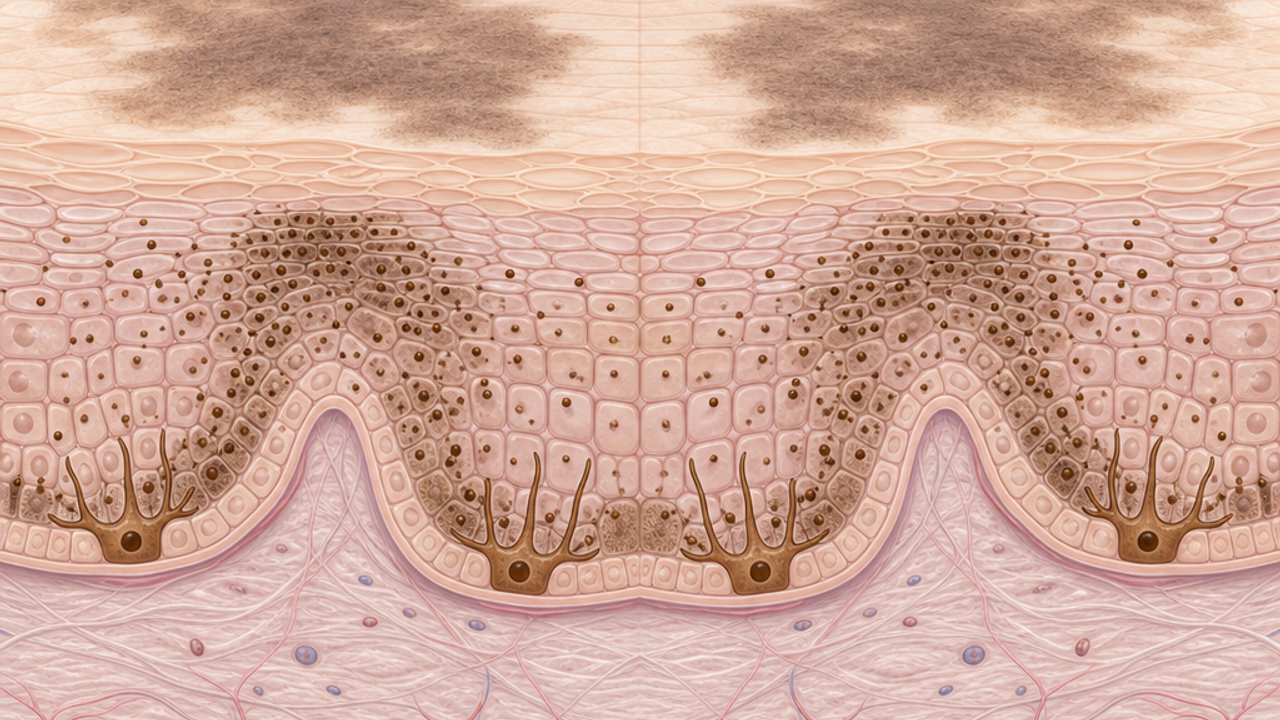 Abstract clinical illustration of patchy facial pigment patterns and sun exposure factors, with no text or people.