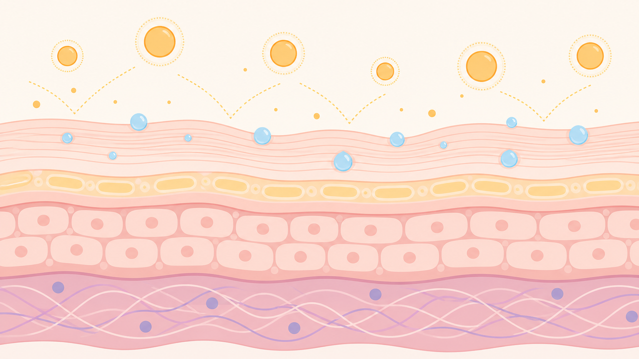 A generic cosmetic science illustration showing horizontal fine-line motifs on an abstract neck-skin cross-section near peptide and hydration shapes.