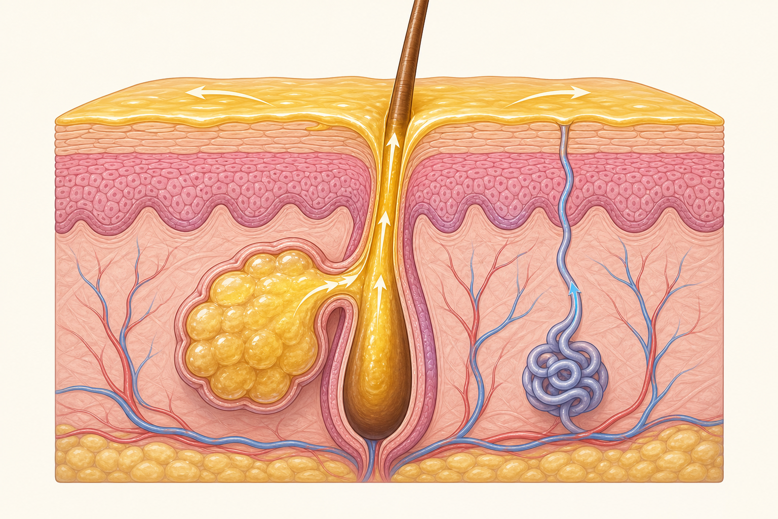 Abstract educational illustration showing oil and water balance, lightweight moisturizer texture, and barrier-support shapes