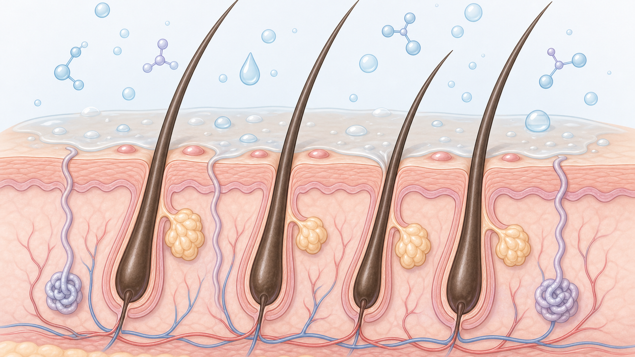 Educational scalp cross-section showing hair follicles, mild scalp acne-like bumps, oil, sweat, product buildup, and gentle cleansing cues.