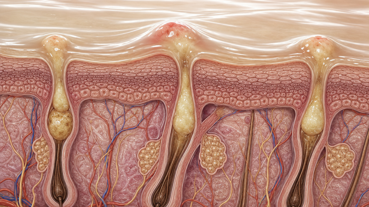Abstract scientific skincare illustration for Slugging Breakouts, without text, logos, people, packaging, or before-after framing.