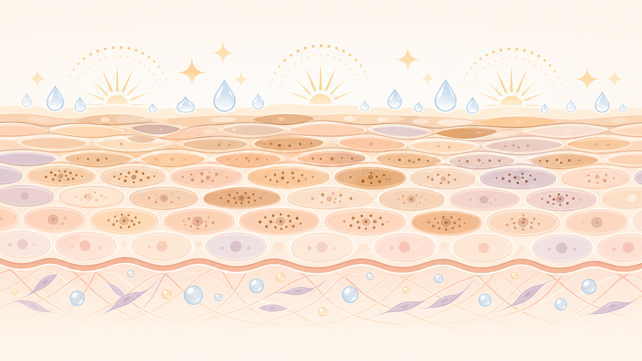 A flat cosmetic science illustration showing varied tone, pigment dot, hydration, radiance, and surface cell motifs near a simplified skin surface.