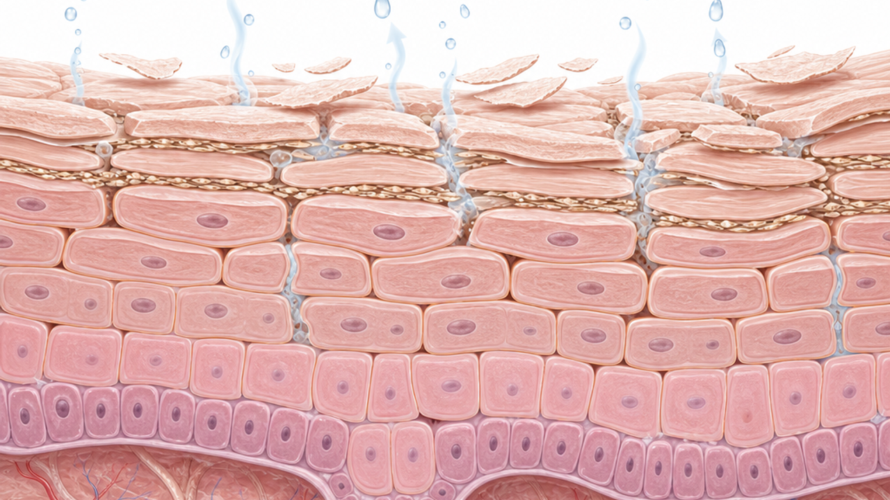 Educational illustration of a weakened skin surface barrier with dryness, flakes, and mild irritation cues, without text or product packaging