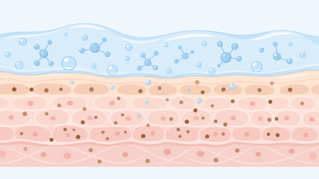 A flat cosmetic science illustration showing alpha arbutin molecule motifs, pigment dot motifs, and hydration droplets in a skin diagram.