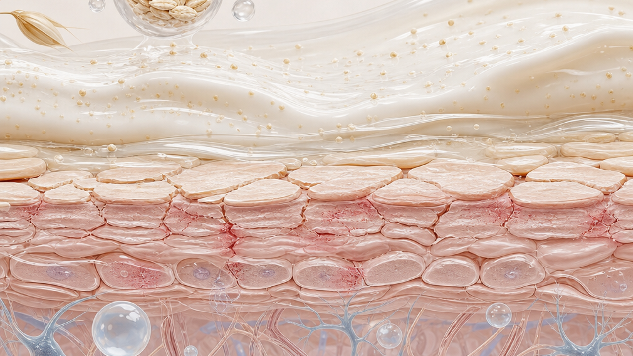 Abstract clinical illustration of a calm skin barrier with soothing particles and moisture layers, no words or packaging.