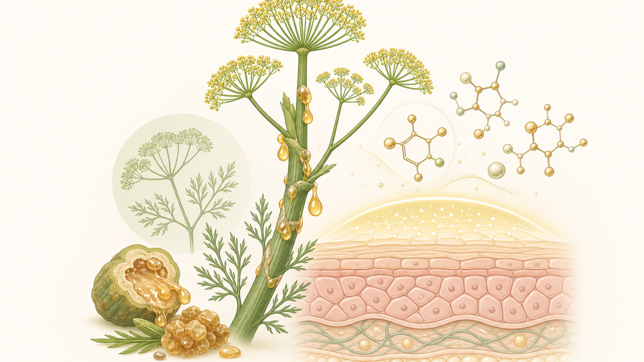 Educational illustration showing Ferula foetida botanical resin, molecule shapes, and antioxidant-style skin protection cues.