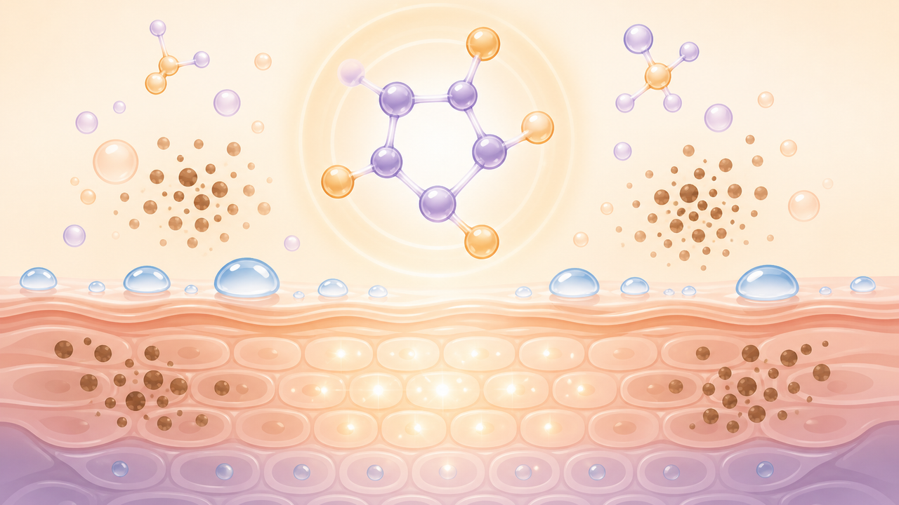 A flat cosmetic science illustration showing kojic acid, pigment dot, radiance, exfoliation, and hydration motifs near a simplified skin surface.