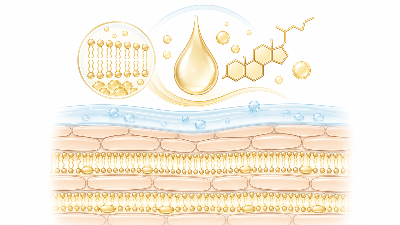Educational illustration showing sterol-like lipid droplets, skin barrier layers, and a protective moisture film.