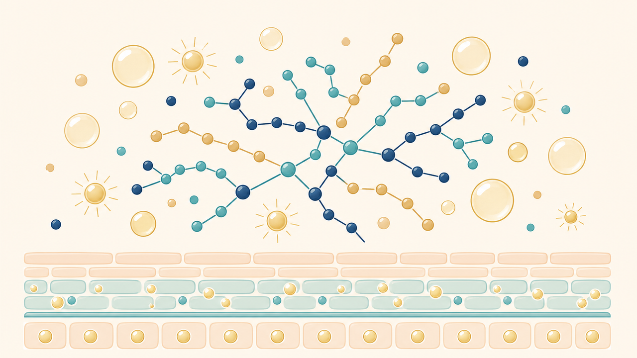 Abstract skincare complex diagram with peptide-chain shapes, lipid droplets, vitamin motifs, and a simplified skin-barrier cross-section.