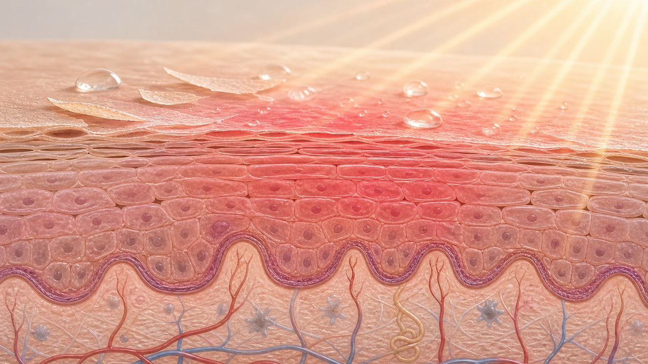 Medical-style diagram of a reactive skin surface with redness markers and barrier disruption shapes, no text, people, logos, packaging, or before-after framing.