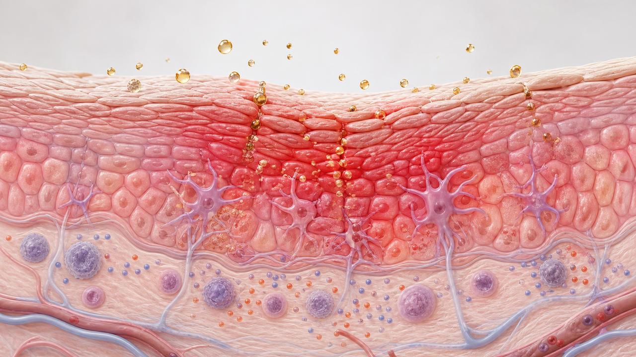 Medical-style diagram of a reactive skin surface with redness markers and barrier disruption shapes, no text, people, logos, packaging, or before-after framing.
