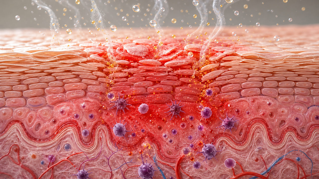 Medical-style diagram of a reactive skin surface with redness markers and barrier disruption shapes, no text, people, logos, packaging, or before-after framing.