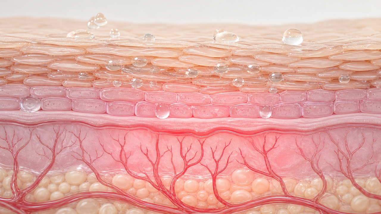 Medical-style diagram of a reactive skin surface with redness markers and barrier disruption shapes, no text, people, logos, packaging, or before-after framing.