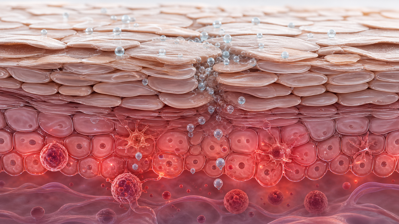 Medical-style diagram of a reactive skin surface with redness markers and barrier disruption shapes, no text, people, logos, packaging, or before-after framing.